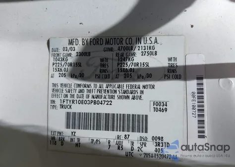 2003 Ford Ranger Unique Fleet from USA, damaged, VIN 1FTYR10E03PB04722